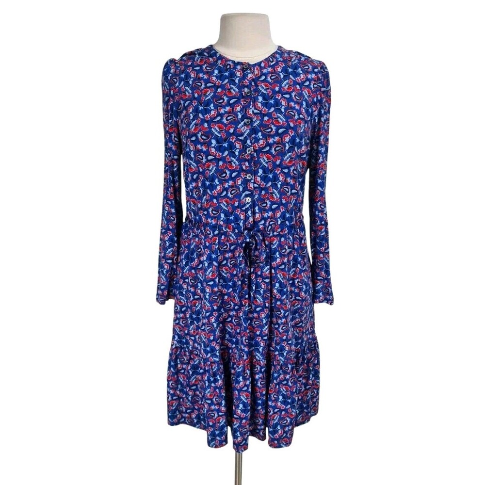 Boden Women Button Up Shirt Dress Sz 12R Floral Blue Knit Crew Neck Long SL 144P